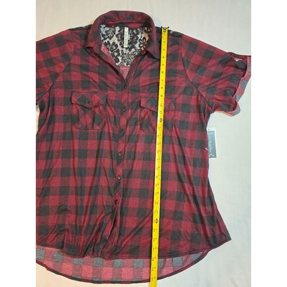 Red & Black Plaid Button-Up Shirt Lace Back Detail Roll-Up short Sleeves 2X Size - Picture 13 of 14